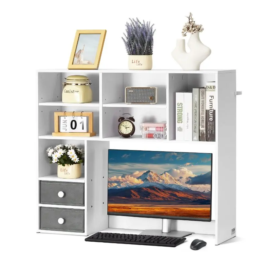 VEVOR Desktop Bookshelf, 3-Tier Desktop Storage Organizer, 37x 10x 31.1 Office Storage Rack Wood Display Shelf, Desktop Bookshelf Hutch with Two Fabric Drawers, for Office, Home Dorm, White