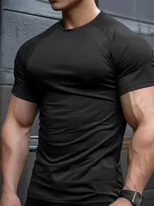 Men's Solid Color Round Neck Sports T-Shirt, Fashion Shoulder Padding Short Sleeve Top, Lightweight Breathable Workout Shirt Sweat-Wicking Gym Training Tee Activewear, Breathable Gym Shirts, Gym Tees, Breathable Workout Tops, Athletic Sports Clothing