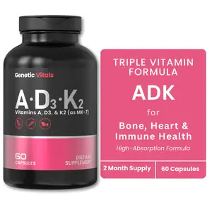 Genetic Vitals ADK - Dietary Supplement with Vitamins A, D3 & K2 (MK-7) – Supports Bone Strength, Heart & Immune Health – Vegetarian Gluten-Free – 60 Capsules