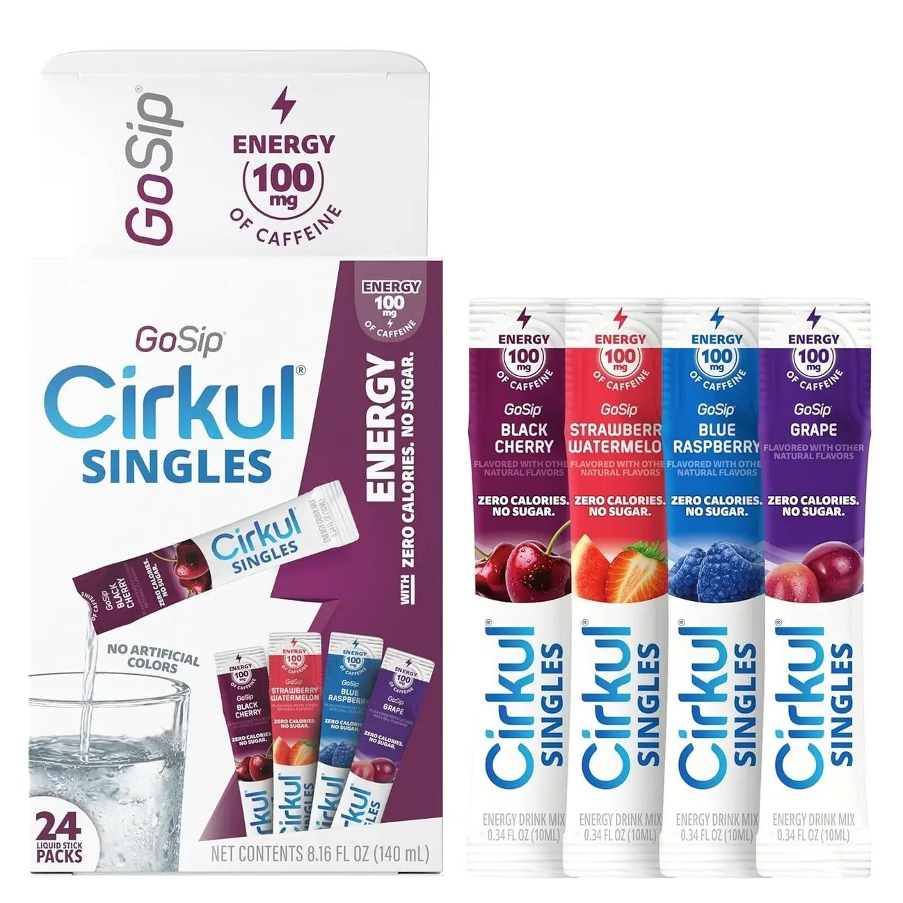 Cirkul GoSip® Energy Drink Mix Clear Liquid Packets (24-Pack) - Blue Raspberry, Black Cherry, Strawberry Watermelon, Grape. No Sugar, Zero Calorie Caffeinated Water Flavoring, No Artificial Colors