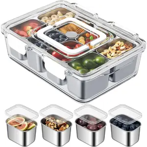 Stainless Steel 8 Compartment Snackle Box Container Divided Serving Tray with Lid and Handle Portable Clear Storage Organizer for Fruit Candy Nuts Veggie Perfect for Travel Party