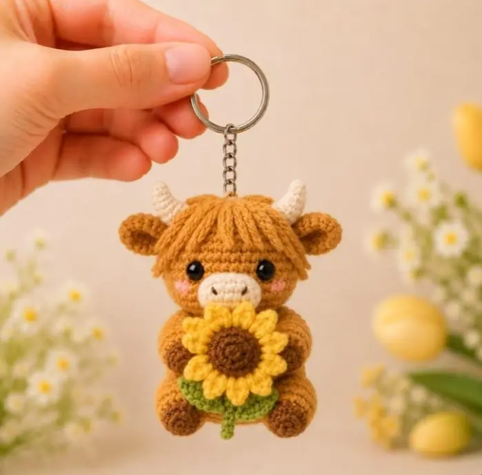Crochet Highland Cow Keychain & Car Hanging Ornament, Cute Cow with Sunflower Rearview Mirror Charm, Handmade Farmhouse Gift for Cow Lovers