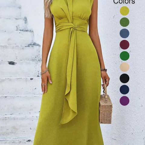 Women's Sleeveless Round Neck Plain Basic Fitted Dress, Chic Elegant Slimming Design, Waist-Cut A-Line, A Line Hem, Perfect for Casual & Commuting Wear, Summer Work Dresses, Summer, Womenswear