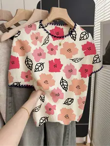 1 piece French Retro Loose Round Neck Elegant Short Sleeve Contrast Trim Beige Women's Multicolor Contrast Floral Print Spring and Summer Knitted Top, Summer Top, Casual Top, Knitted Pullover