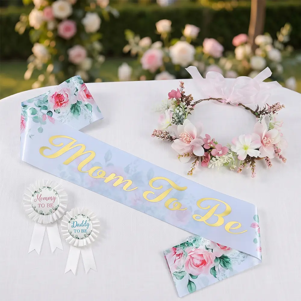 sturdy 4-Piece Pink Shower Sash & Pin Maternity Belt Set with Flower Design, Flower Crown, Mom-to-Be Pins - Baby Shower Favors, Pregnancy Dress Accessory, Comfortable Gift for Gender Reveal Parties (summerwins)