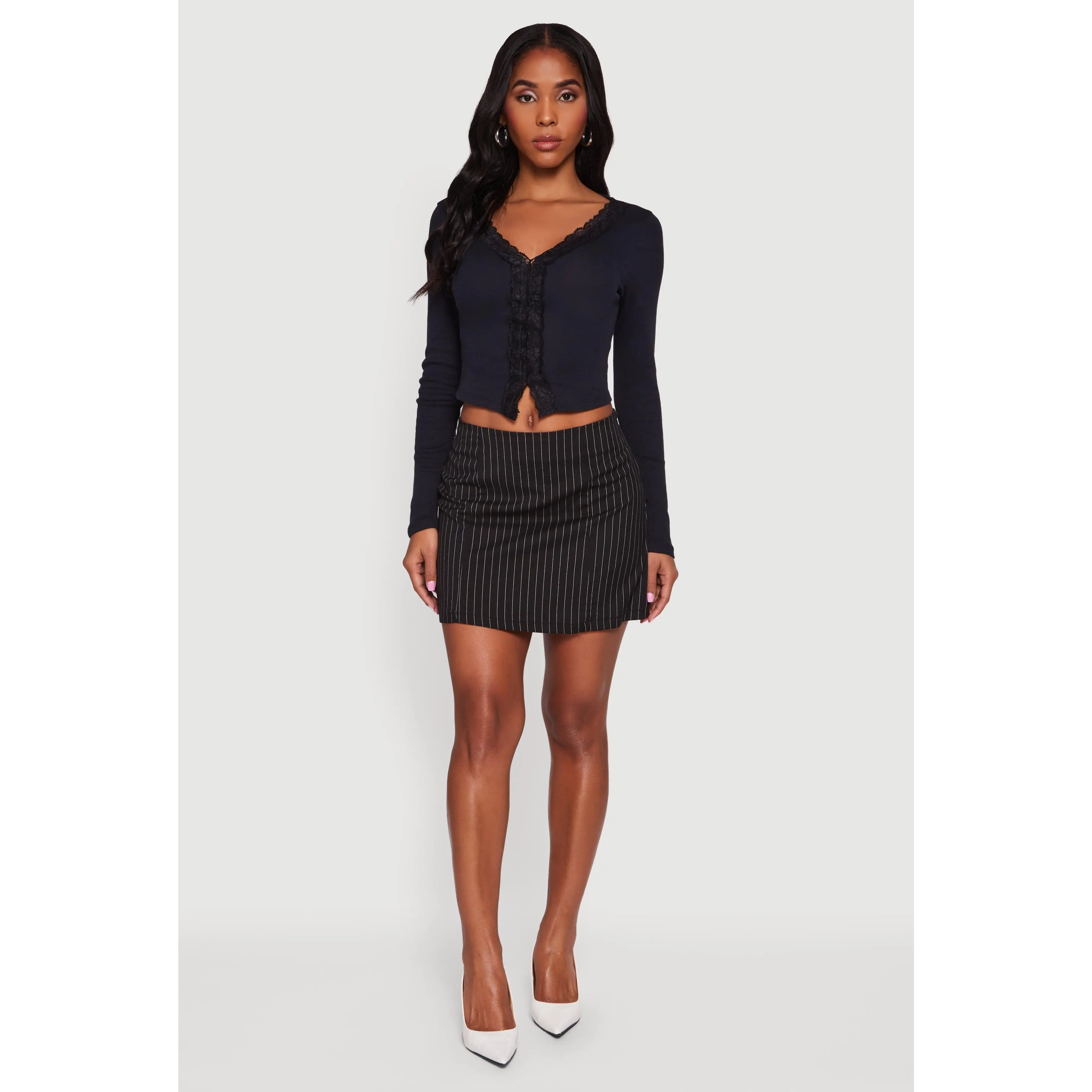 Long Sleeve Lace Trim Crop Top