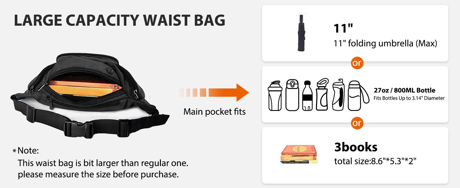 NOOLA Fanny Pack Waist Bag for Men Women, Lightweight Waist Pack with Water Bottle Holder, Adjustable Belt Bag with Multi-Pockets for Hiking, Dog Walking, Outdoor, Cycling, Running, Travel, Black