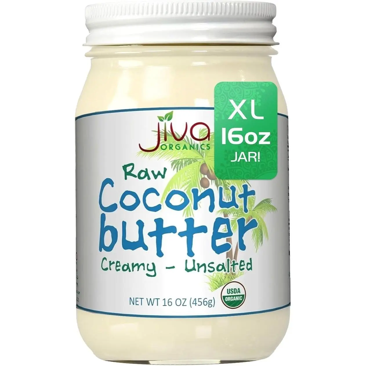 Jiva Organics RAW Organic Coconut Butter 16 Ounce Jar - Creamy, Unsalted