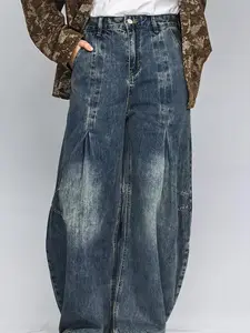 Lux Lee Women‘s Pleated Wide-Leg Jeans in Dark Blue - Relaxed Baggy Fit with Front Tucks, High Waist Trousers for a Lengthening Effect, Street Style & Daily Chic