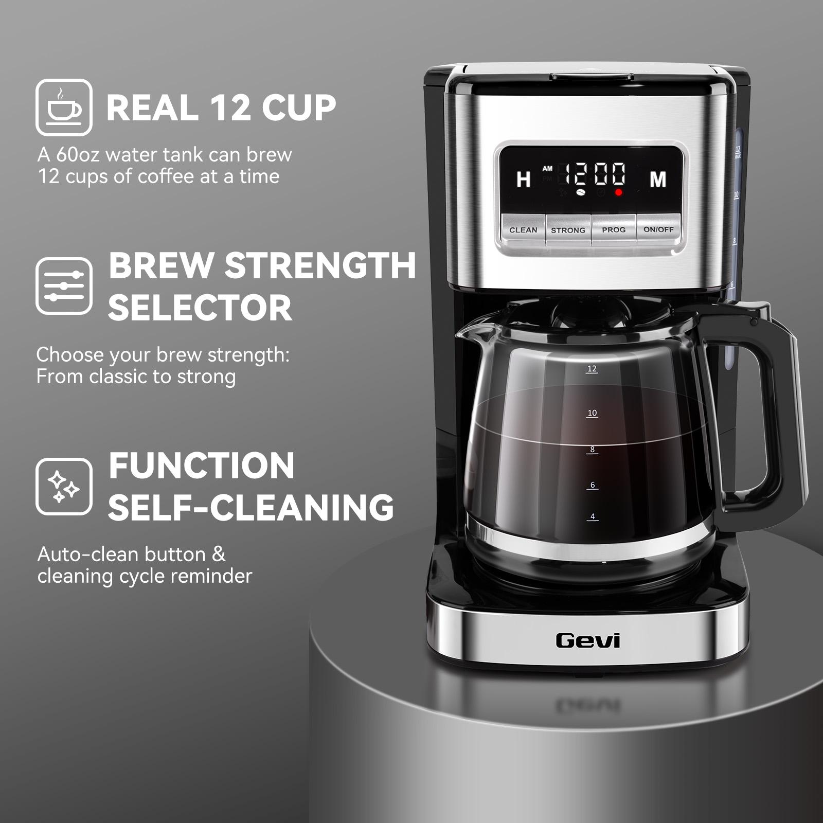 Gevi 12-Cup Coffee Maker with LED Touchscreen - 2 Brew Styles, 24H Programmable & Auto Keep Warm, 2-Hour Warm Function & Easy Clean, Compact 1.8L Coffee Machine