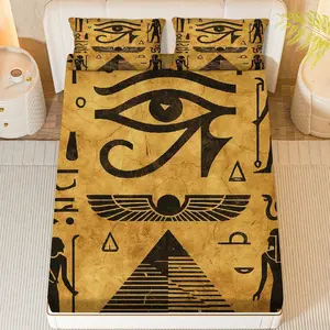 3Pcs Egyptian Pyramid Eye Fitted sheet Three Piece Set (1*Fitted Sheet+2*Pillowcases, Coreless), Egyptian theme, Ancient Symbols Bedding Set, Mattress protector Soft, Breathable