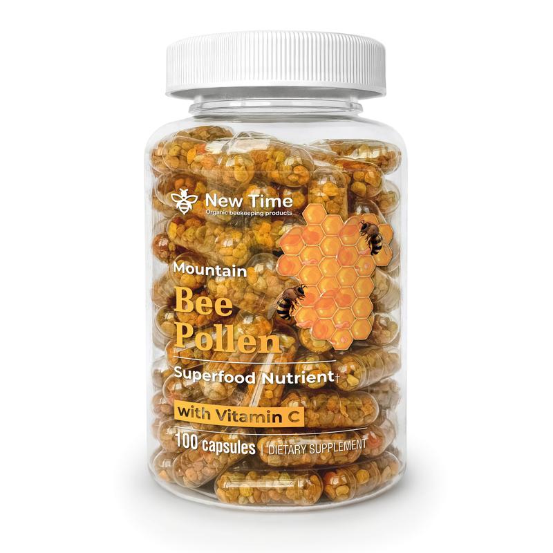 Bee Pollen with Vitamin C, 100 Capsules, Organic Dietary Supplement, Fermented Multivitamin Probiotic Superfood Vital Proteins Immune Support & Energy