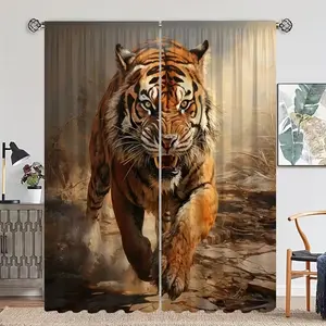 2pcs HD Digital Print Curtains, Home Decor Style Drapes for Living Room Bedroom, Tiger Forest Effect Window Decoration
