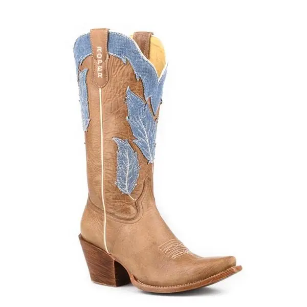 Womens Roper Burnish Brown Leather Vamp  Shaft Feather Blue Boots