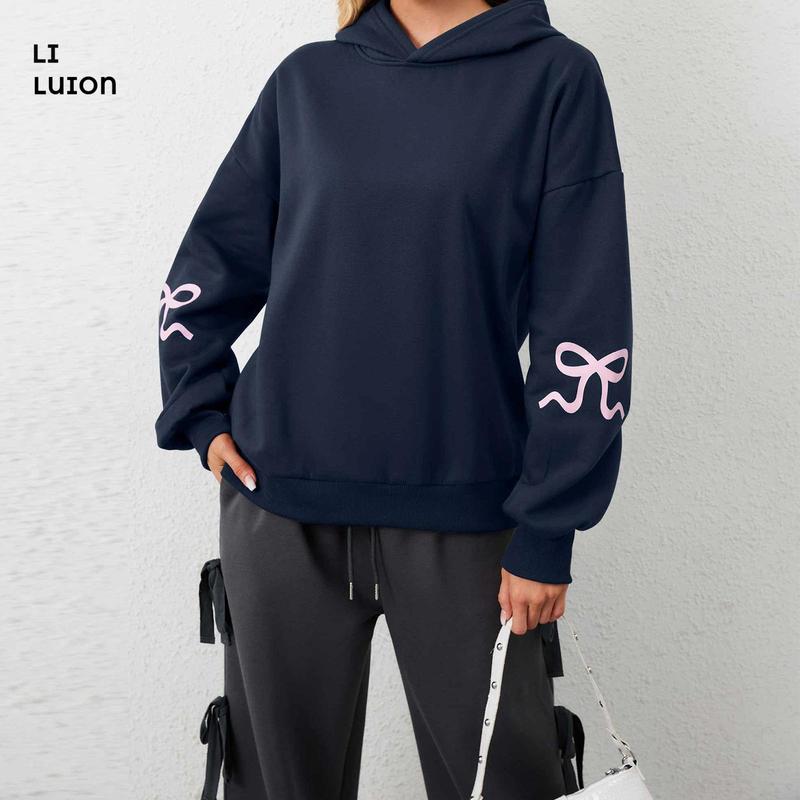 Women's Bow Print Hoodies Oversized Long Sleeve Hooded Sweatshirts Graphic Drop Shoulder Pullover Tops Y2K Clothing