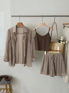 [Plus Size] Three-Piece Set  Solid Color, Basic Casual Short Sleeve Button Up Shirt & Crop Cami Top & Shorts Set for Daily Wear, Women's Clothes for All Seasons, Suits, Womenswear, Casual Loungewear Set