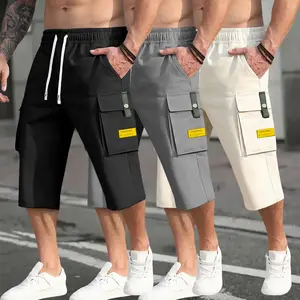 Men’s 3-piece cargo pants set featuring a drawstring waist, large pockets, and letter patches—fashionable and casual, suitable for summer wear