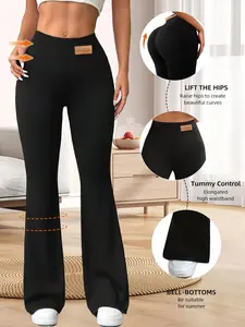 Women's Comfortable High Elasticity Pants with Fashion Tag, Solid Color, Perfect for Casual or Home Wear