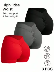 3-Piece Set of Ladies Casual Fashion Solid Gym Shorts, Running Workout Shorts, Breathable Elastic Tight Yoga Shorts, All-Season Yoga Wear