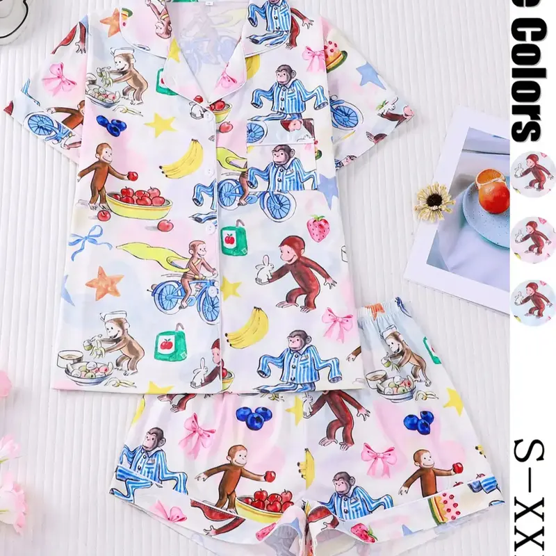 Women's 2-Piece Cartoon Print Pajama Set, Short Sleeve Button-Down Top & Elastic Waist Shorts, Casual Sleepwear & Loungewear for All Seasons
