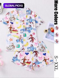 Women's Cute Monkey Print Pajama Set, Short Sleeve Lapel Top & Elastic Shorts, Casual Summer Sleepwear, 2 Piece