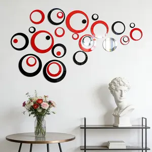 72PC, Red and black hollow circular acrylic mirror wall sticker, Wall Decal, suitable for home decoration (living room, bathroom, bedroom background, lintel), DIY detachable wall sticker