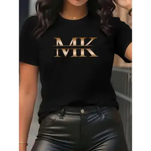 Womens Crewneck Short Sleeve Graphic Tee Black And Gold MK Logo Print Soft Stretch Casual Summer Top for Streetwear Outfit Going Out And Everyday Wear