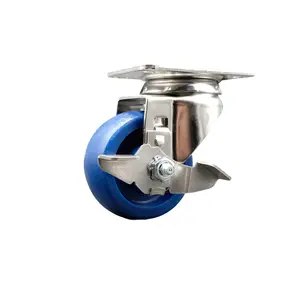Service Caster SCC-SS31620S3514-SPUS-TLB Solid Polyurethane Swivel Top Plate Caster with 3.5 in. 316 Stainless Steel Blue Caster Wheel & Top Lock Brake