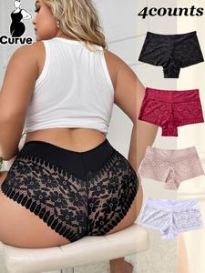【plus size】 contrast floral lace boxer brief, soft curvy comfy breathable knicker for daily wear, women's underwear for all seasons, plus size knickers, panty shorts, womenswear, casual elegant panty
