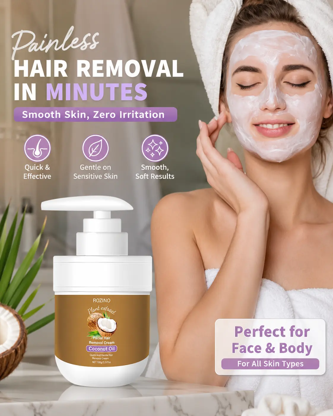 ROZINO Facial Hair Removal Cream for Women, Painless Hair Remover with Coconut Oil, Gentle Depilatory Cream for Face, Chin & Upper Lip, Smooth Skin Formula for Sensitive Skin