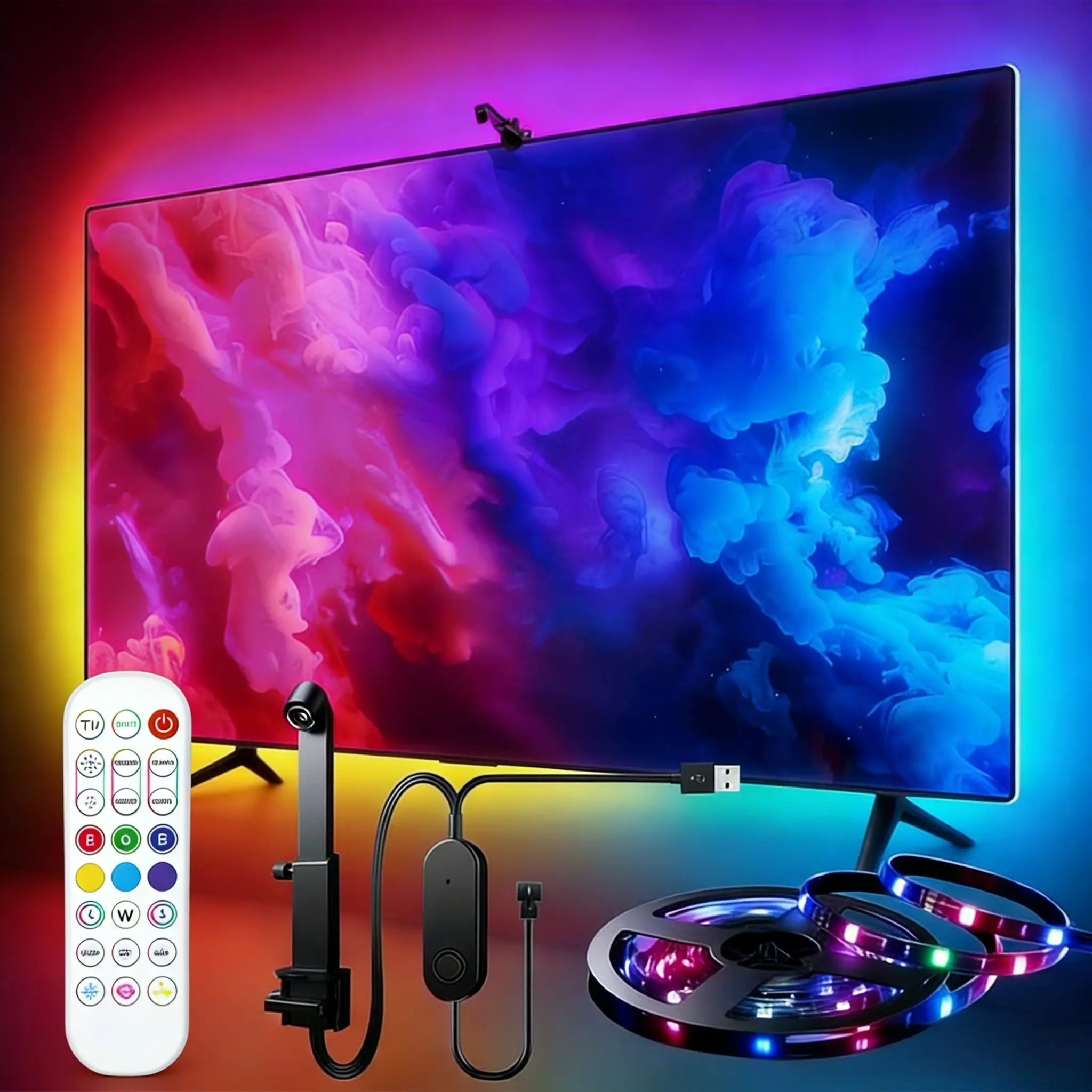 Rgbic Dynamic Color Changing LED TV Backlight Strip, Ar Color Sensor, USB Powered, Music Sync, Suitable for Gaming Room/bedroom/living Room, Ambient Atmosphere Lights, Rgbic Lighting