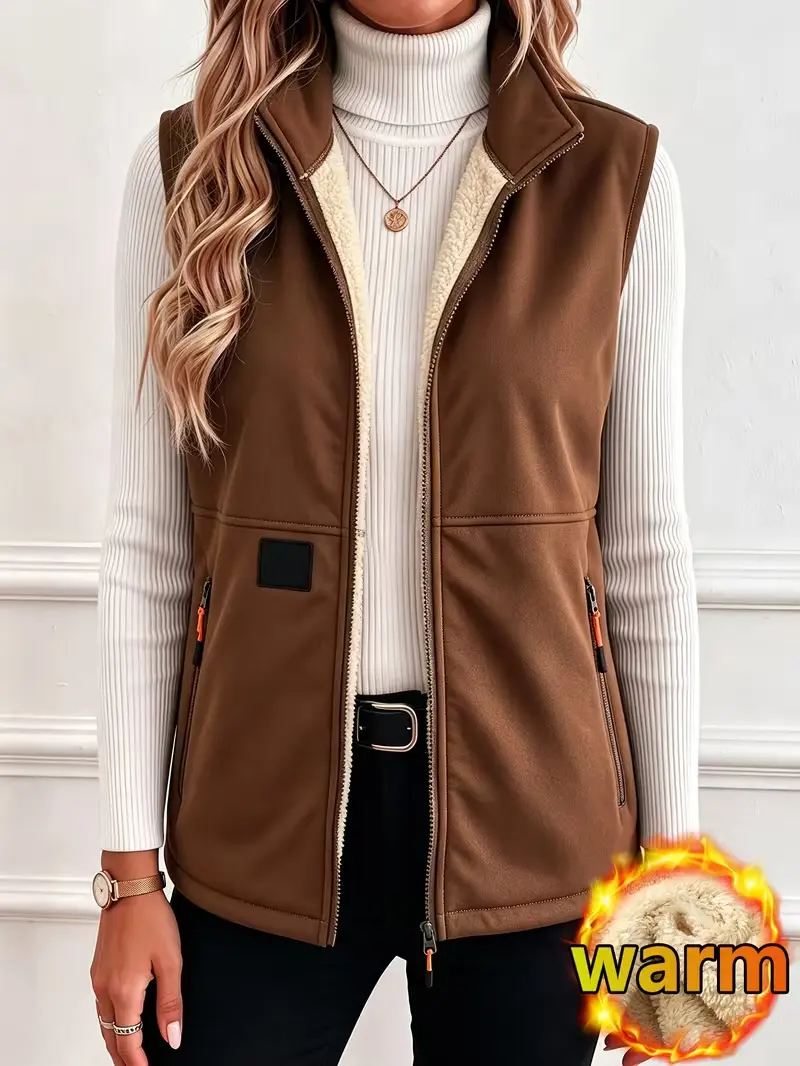 Women's Thick Fleece-Lined Vest - Lady's Autumn-Winter Warm Sleeveless Outerwear, Casual Sporty Zip-Front Tops for Women, Basic Tops with Sewn-On Labels, Ideal for Outdoor Sports & Commuting