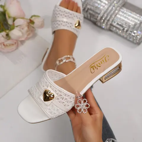 Women's Fashion High Heel Slippers, Hollow Out Polyester Fiber, Chain Print, Casual Daily Wear, Chic Summer Footwear, Outdoor Comfort Shoes, Footwear, Fashionable Footwear