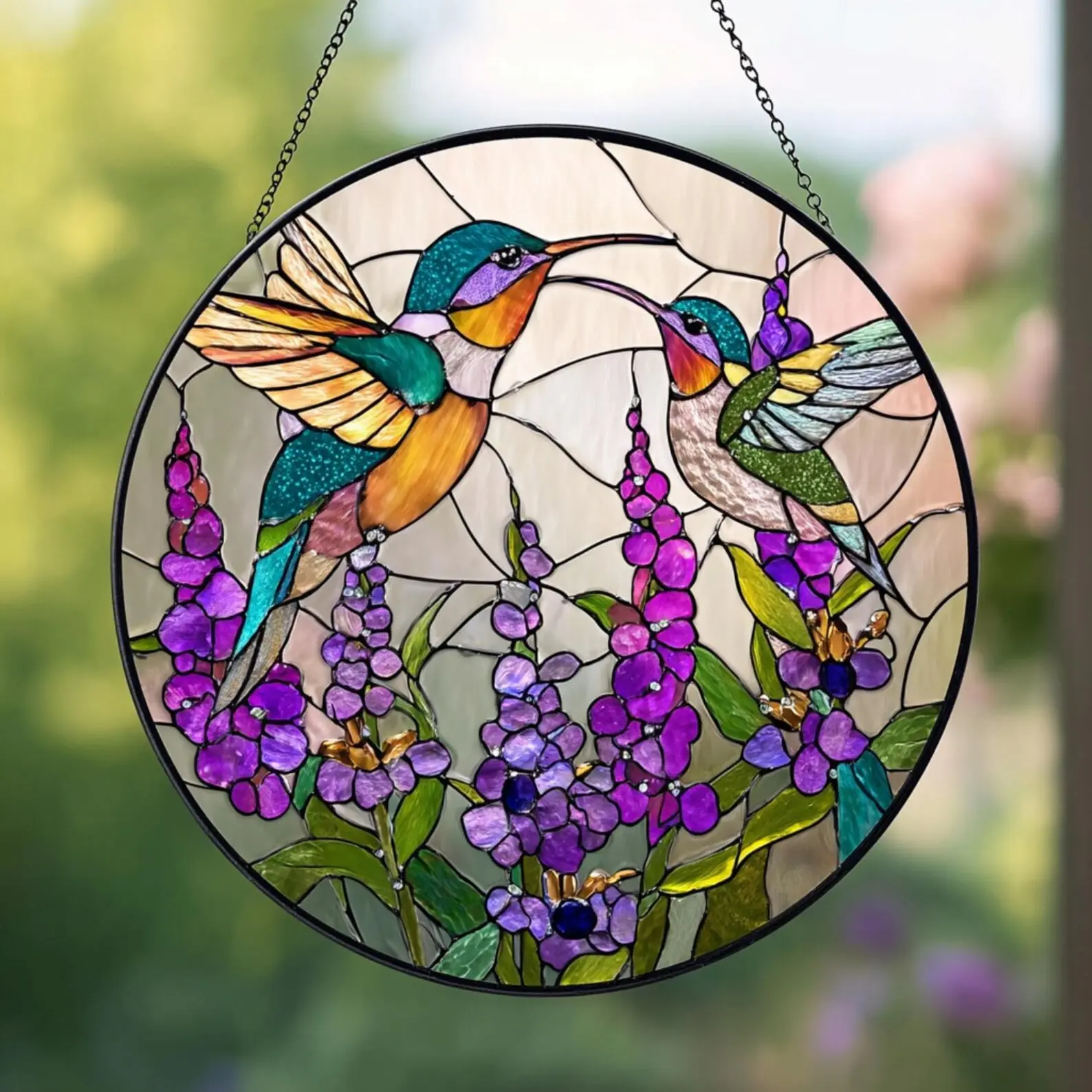 Cottagecore Hummingbird Stained Glass Suncatcher, Round Window Hanging Panel Art, Colorful Bird & Purple Flower Garden Sun Catcher, Mother's Day Gift Decor