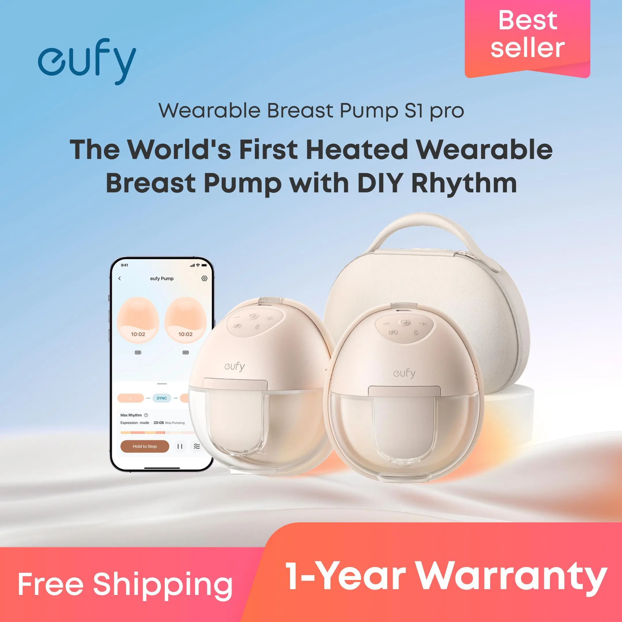 【Exclusive Bundle】eufy S1 & S1 Pro Heated Wearable Breast Pump, Hands-Free Breast Pump with Industry-Leading HeatFlow Tech, App-Controlled OptiRhythm, Hospital-Grade Suction, Leakproof, Slim and Ultra-Quiet for in-Bra Use.FSA-HSA eligible.