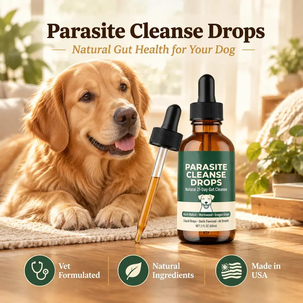 Herbal Dog Dewormer Liquid Drops for Tapeworm, Roundworm, Hookworm & Whipworm, Vet-Formulated Natural Parasite Cleanse Gut Support Supplement, Duck Flavored, 2 FL OZ