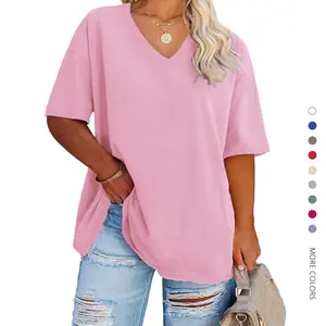 Danedvi Women's Plus Size L-5XL V Neck T Shirts Summer Half Sleeve Tees Casual Loose Fit Cotton Tunic Tops Jeans Leggings