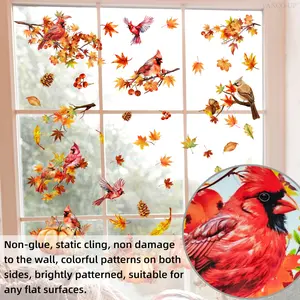 Set of 6 Double-Sided View Fall Window Stickers with Maple Leaves, Pumpkin and Birds, Static Cling Decor for Autumn Home Decoration