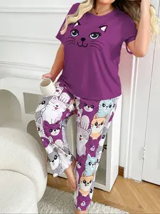 Women's Cartoon Cat Print Round Neck Short Sleeve Top & Elastic Waist Long Pants Sleepwear Set, Plus Size Ultra Comfortable Home Wear