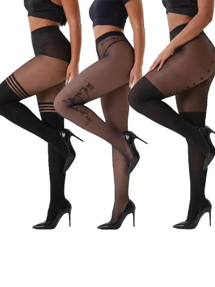Multi Design Thigh Highs Stirrup Leggings High Elastic High Waist Stripe Heart Print Casual Tights tights(Stripe Mock;Stripe Mock;Heart Pattern) Cute Black