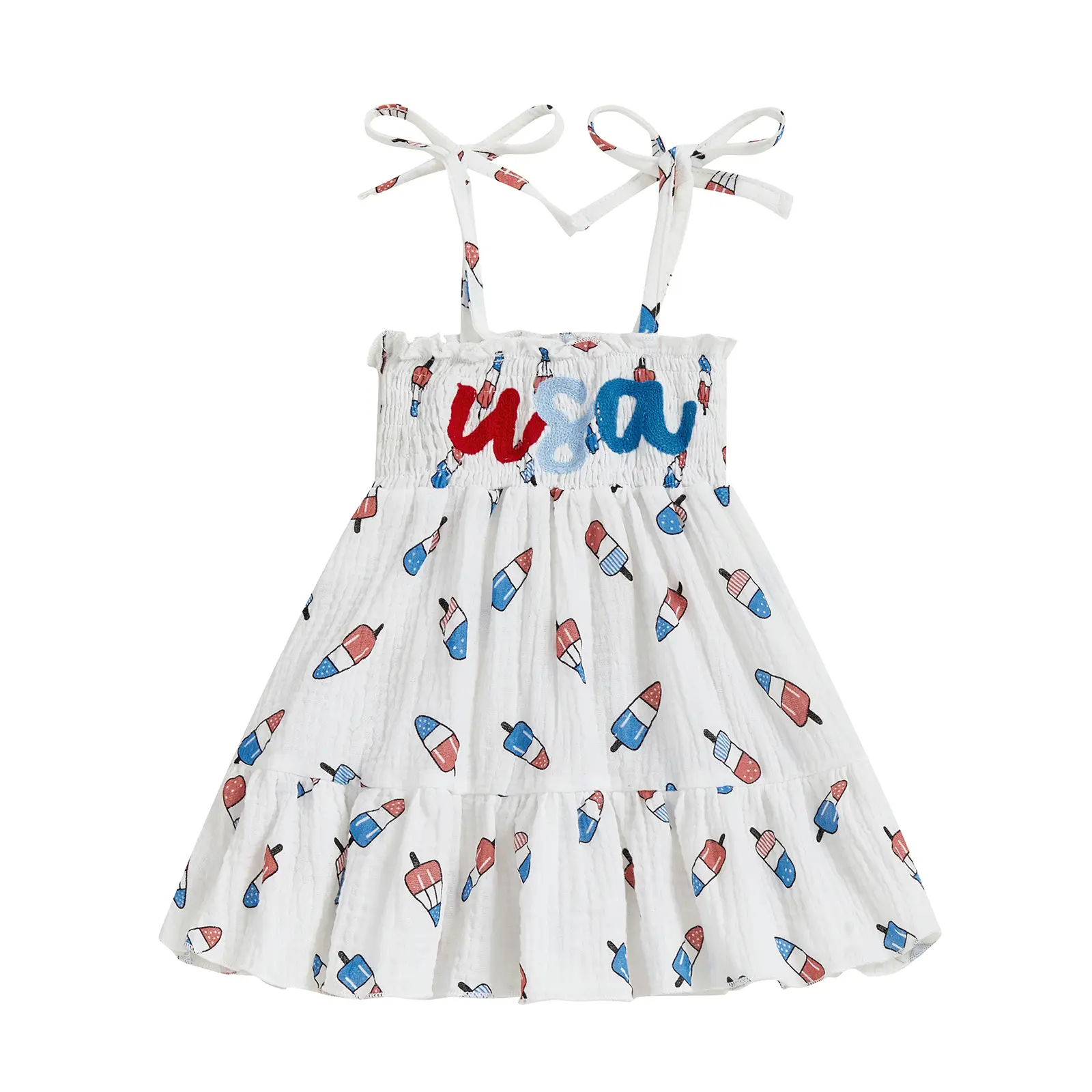Kid Girl 4th of July Outfit Independence Day Dress Letter Embroidery Popsicle Print Sleeveless Tie-up Suspender A Line Dress