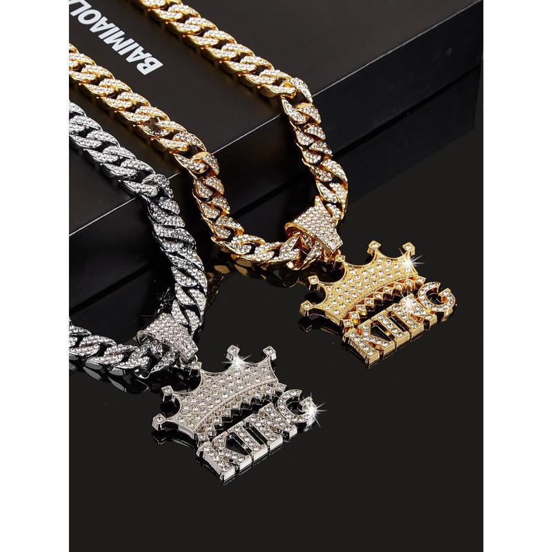 14K Gold Plated King & Crown Pendant with Austrian Rhinestones Miami Cuban Link Chain Italy & Micro Inspired Unisex Hip Hop Necklace for Men & Women Jewelry,Daily Wear, Casual Fashion, Sporty Style, Gift Idea