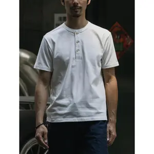 Dog Bronson Double Yarn Heavy Weight Cotton Henry Collar Short Sleeve T-shirt Men Retro Pullover Pure Color Bottoming Shirt