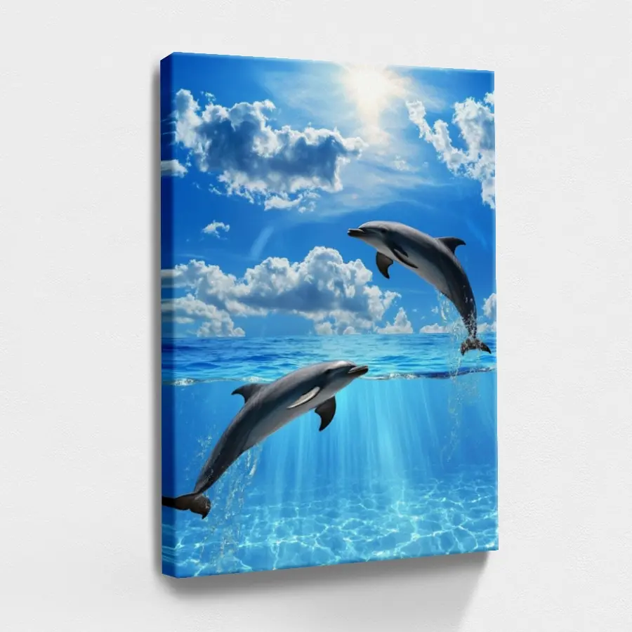 08x12x0.8inch Artistic Wood-Framed Dolphin Wall Print - Photorealism Ocean Scene Canvas Painting, Fade-Resistant Animal Home Decor, Room Ornament Gift (1pc)