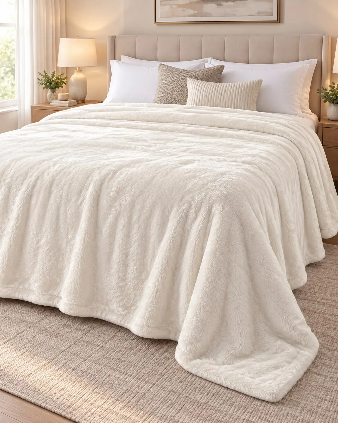 Ultra-Soft creme King-Size Flannel Throw, Cozy Bedding Linen for Home Use