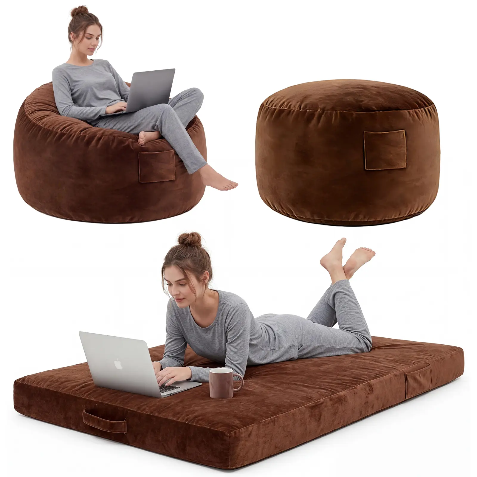 Garvee 4FT Oversized 4-in-1 Convertible Bean Bag Chair Bed, Memory Foam Filled Gaming Floor Sofa Lounger, Soft Velvet Removable Washable Cover, for Adults & Teens, Blue