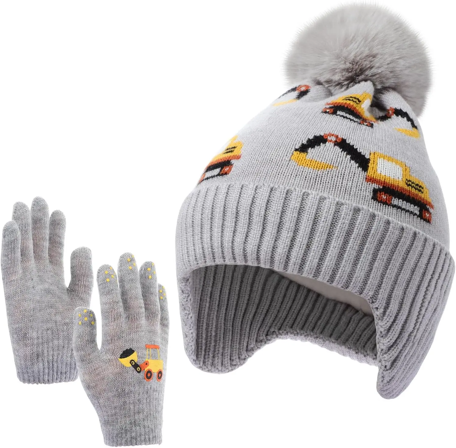 Toddler Winter Pompom Beanie Hat Gloves Set Kids Knit Excavator Hat and Locomotive Gloves for Aged 3-8 Boys Girls