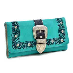 Ritz  7.5 x 4.5 in. Trifold Rhinestone Studded Buckle Wallet, Turquoise