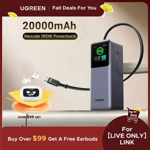 [LIVE ONLY]UGREEN Nexode Power Bank 20000mAh 165W with Built-in Retractable USB C Cable Laptop Travel Portable Charger, 100W Input, Fast Charging for MacBook Pro/Air/iPhone 17 16/iPad Pro/Galaxy S25 Ultra/Dell/HP and More,TIKTOKHOLIDAYHAUL