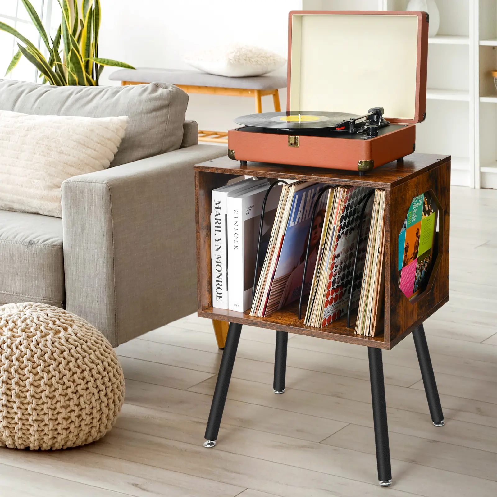 Rustic Record Player Stand, Record Storage Cabinet Holder with Metal Legs Holds 150 Albums, Turntable Stand Vinyl Record Storage Table for Bedroom Living Room (Brown)